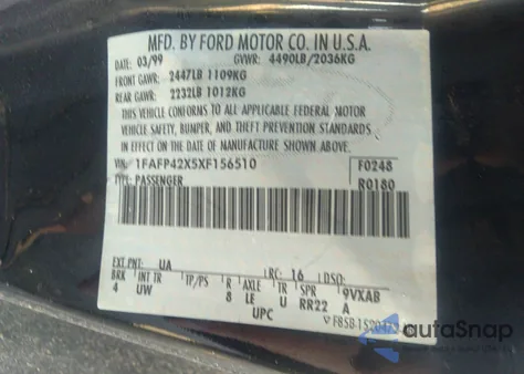 1999 Ford Mustang Gt из США, поврежденный, VIN 1FAFP42X5XF156510